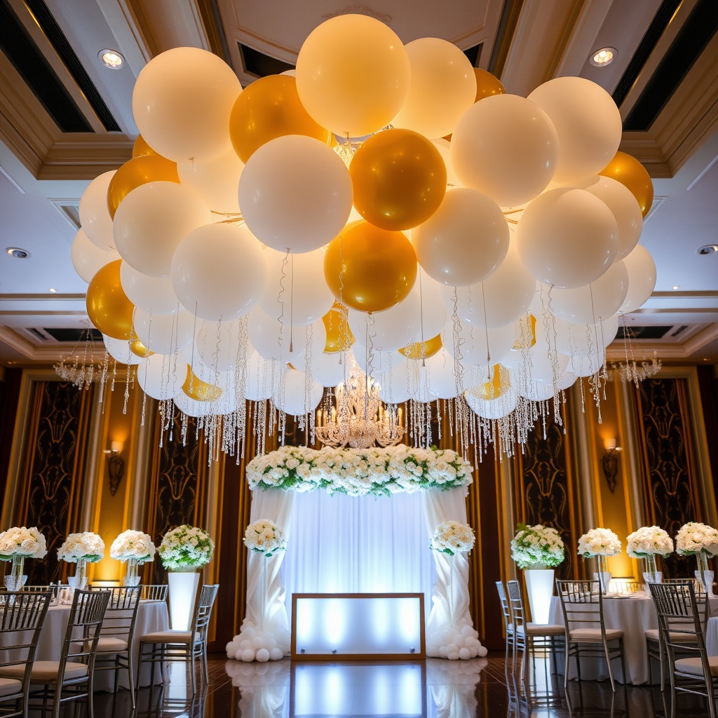 Decoración de boda con globos dorados y blancos
